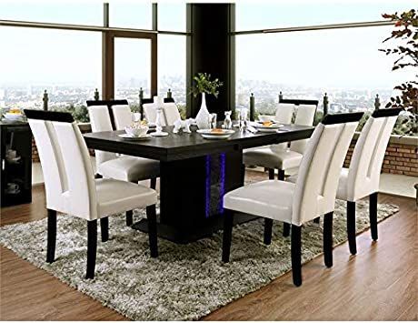 Furniture of America Antoine Wood 7-Piece Dining Set in Black and Beige Wood Dining Room Set, Contemporary Decor Living Room, Solid Wood Dining Set, Contemporary Dining Table, 7 Piece Dining Set, Dining Table Black, Pedestal Dining Table, Furniture Of America, Ultra Modern