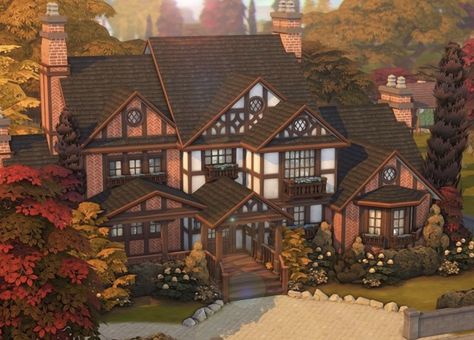 Autumn House Sims 4, Sims 4 Tudor Mansion, Sims 4 Tudor House, Sims Landscaping, Sims 4 Tudor, Tudor Mansion, Tudor Homes, Sims Inspiration, Sims 4 Speed Build