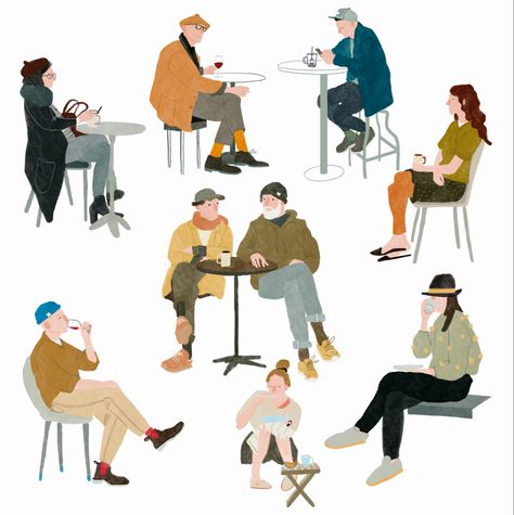 People in a cafe, illustration, Character Design 2d People Illustration, People Working Together Illustration, People Illustration Architecture, Different People Illustration, Parents Character Design, People Illustration Simple, Cafe With People, People At Cafe, Cafe Illustration Art