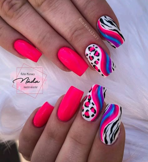 Power Dip Nails Ideas, Hot Pink Nails With Design, Colorful Trendy Nails, Different Nail Ideas, Rockabilly Nails, Birthday Nail Ideas, Animal Print Nail Art, Zebra Print Nails, Cheetah Print Nails