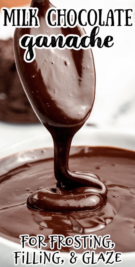 How to make the best milk chocolate ganache to drizzle or harden - This rich chocolate glaze works well on top of a cake, cheesecake, tart, or on ice cream. Thick recipe with milk or cream and chocolate chips is made in the microwave. Perfect as frosting or filling, or use slightly melted as a delicious glaze! You can also whip the cooled ganache for a delicious whipped chocolate frosting. I recommend using milk chocolate, but you can also try semi-sweet or dark chocolate for a different ... Easy Ganache Recipe, Homemade Milk Chocolate, Chocolate Icing Recipes, Easy Chocolate Ganache, Cheesecake Tart, Chocolate Ganache Recipe, Carrot Cakes, Chocolate Ganache Filling, Chocolate Ganache Frosting