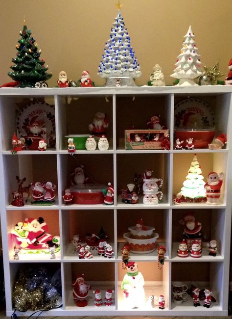 My vintage Christmas display on an Ikea Kallax shelf unit Ikea Kallax Christmas Decor, Kallax Christmas Decor, Christmas Ikea, Vintage Christmas Display, Ikea Kallax Shelf Unit, Kallax Shelf Unit, Ikea Kallax Shelf, Cube Shelf, Kallax Shelf