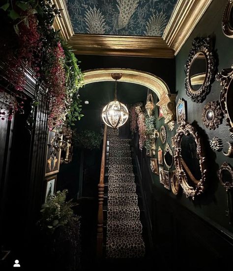 Gothic Staircase Aesthetic, Goth Beauty Salon, Dark Salon Decor, Dark Academia Hallway, Witches Decor, Dark Maximalist, Tongue Emoji, Cottage Goth, Dark Interior Design