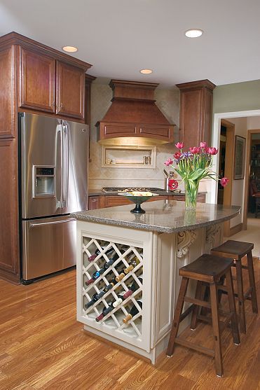 Island Wine Rack, Shaker Style Kitchen Cabinets, Kitchen Cabinet Trends, Built In Wine Rack, Kitchen Wine Rack, Kitchen Banquette, Home Improvement Ideas, Shaker Style Kitchens, Home Bar Designs