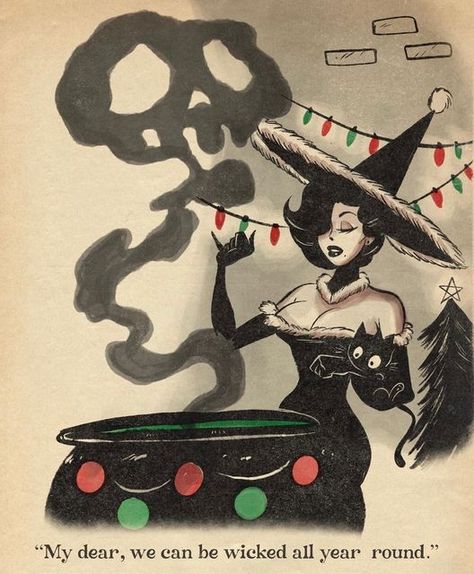 Christmas Pinup Art, Spooky Christmas Wallpaper, Christmas Pinup, Christmas Witch, Merry Chrysler, Recipes Pictures, Halloween Pin Up, Scary Christmas, Spooky Christmas