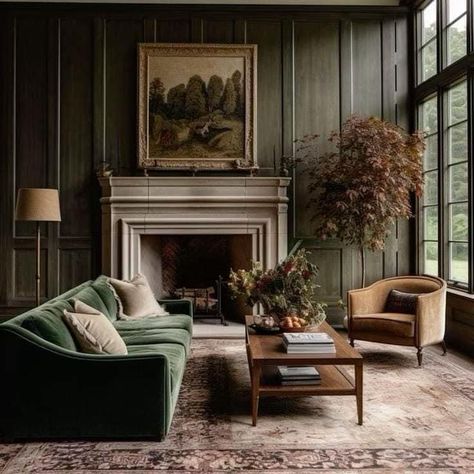 Dark Moody Living Room Cozy, Moody European Living Room, Modern English Cottage Living Room, Moody Cottage Living Room, Moody Eclectic Living Room, Moody Family Room, Moody Neutral Living Room, Moody Green Living Room, Old World Interior Design