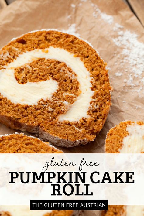 Gluten Free Pumpkin Roll - a timeless and elegant autumn dessert that never fails to make a lasting impression. This delicious fall dessert starts with a pumpkin sponge cake, filled with a whipped cream cheese frosting rolled it into its signature spiral shape. Definitely an eye-catching dessert! Gluten Free Pumpkin Roll Recipe, Gluten Free Pumpkin Roll, Gluten Free Pumpkin Cake, Moist Pumpkin Cake, Classic Fall Desserts, Regular Cake, Gluten Free Pumpkin Recipes, Pumpkin Roll Cake, Pumpkin Rolls Recipe