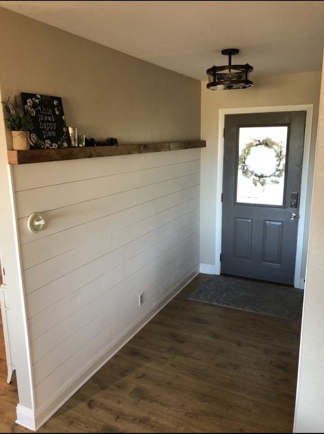 Diy Farmhouse Entryway, Joanna Gaines Shiplap, Faux Shiplap Wall, Upholstered Window Seat, Diy Painted Floors, Faux Wood Wall, Builder Grade Kitchen, Entrance Wall, Shiplap Wall Diy