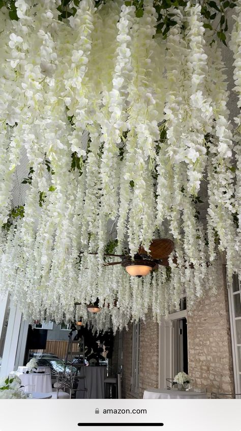 Cannibus Wedding, Flower Hanging From Ceiling, Wedding Esthetics, Wedding Hanging Flowers, Hanging Flowers Wedding, Tiana Wedding, Hanging Wisteria, Event Venue Design, Wisteria Wedding