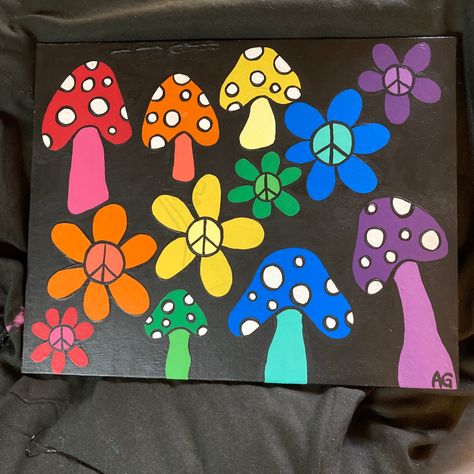 Shroom Drawings, Trippy Paintings, Mushroom Painting, Cute Easy Paintings, Mini Canvases, Mushroom Paint, Peace Sign Art, Painting Stuff, Mushroom Drawing