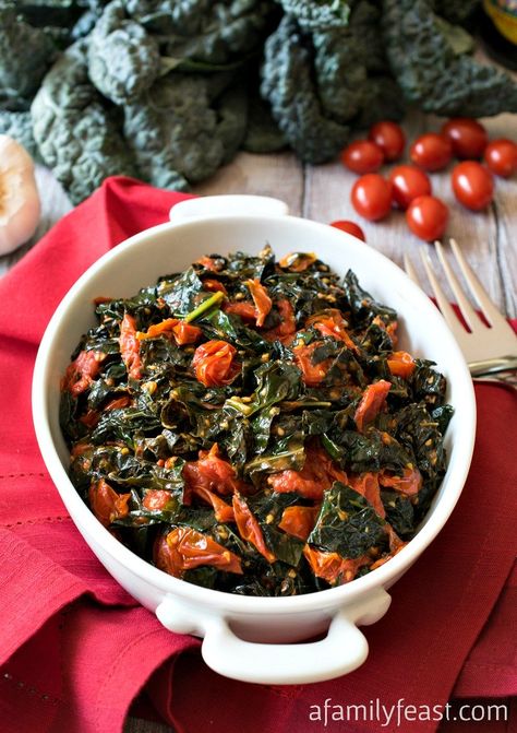 Tuscan Kale with Garlic Tomatoes - A Family Feast® Tuscan Kale, Sauteed Kale, Kale Recipes, Family Feast, Mashed Cauliflower, Grape Tomatoes, Tomato Recipes, Cooked Vegetables, Vegetable Sides