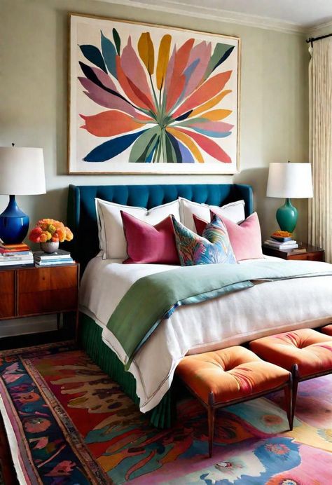 White Room Pop Of Color Bedroom, Eclectic Interior Design Vintage Bedroom, Bright Mid Century Modern Bedroom, Colorful Feminine Bedroom, Pink And Blue Master Bedrooms Decor, Fun Master Bedrooms Decor, Bright Guest Bedroom, Master Bedrooms Colorful, Mexican Modern Bedroom