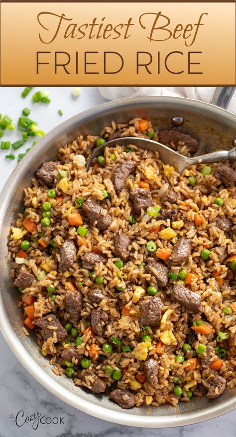 beef fried rice in a skillet Beef Fried Rice Recipe Chinese, Fried Rice Dinner Ideas, Beef Fried Rice With Egg, Beef Fried Rice Recipe, Rice With Vegetables, Flavorful Rice, Beef Fried Rice, Delicious Vegetarian Dinner, Cozy Cook