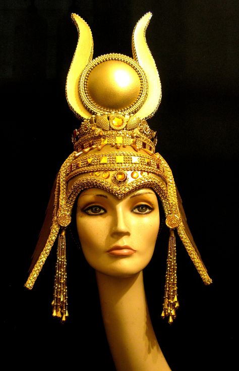 "Cleopatra Headdress, made in strong rubber foam, very light weight but strong, decorate with gold paint, glitter, decorative rhinestones trims, sequins trim, gold metallic fringes, jewels, beads and appliques. The headdress is lining with felt and have adjustable elastic on the back, fit until 24\" inches head circumference. Necklace it is not included. Any question let me know. Thank you" Cleopatra Crown, Cleopatra Headdress, Egyptian Crown, Egyptian Headdress, Man Halloween Costume, Egyptian Inspired Jewelry, Egyptian Party, Egyptian Revival Jewelry, Fantasy Fest