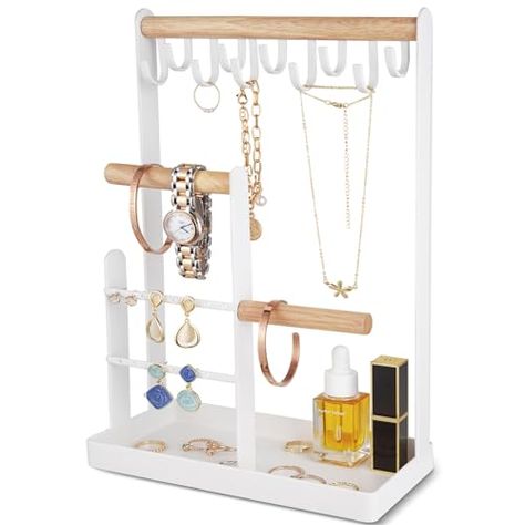 ProCase Jewelry Organizer Jewelry Stand Jewelry Holder Organizer, 4-Tier Necklace Organizer with Ring Tray, Small Cute Aesthetic Jewelry Tower Storage Rack Tree for Bracelets Earrings Rings -White Cute Aesthetic Jewelry, Display Necklaces, Displaying Jewelry, Jewelry Organizer Stand, Stand Jewelry, Chill Room, Standing Table, Beautifully Organized, Ring Tray