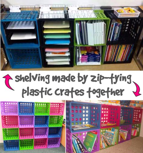 ('Shelving Made by Zip-Tying Plastic Crates Together...!') Plastic Crates Ideas Diy Shelves, Plastic Crate Shelves, Milk Crate Bookshelf, Crate Shelves Kids, Bookshelf Classroom, Milk Crates Diy, Milk Crate Furniture, Milk Crate Storage, Wooden Crate Shelves