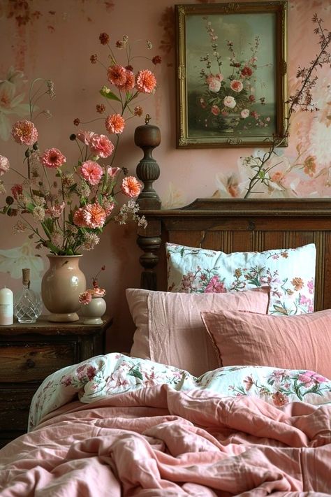 Floral Vintage Bedroom, Vintage Feminine Bedroom, Vintage Pink Bedroom, Dusty Pink Bedroom, Vintage Bedroom Ideas, Bedroom Ideas Inspiration, Dream Bedroom Inspiration, Floral Bedroom, Coquette Room