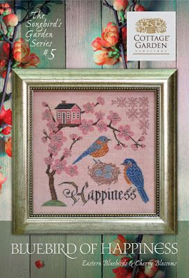 Cottage Garden Samplings Cottage Garden Samplings, Cross Stitch Cottage, Bluebird Of Happiness, Red Pear, Eastern Bluebird, Pink Cottage, Completed Cross Stitch, Hand Crafts, Cross Stitch Samplers