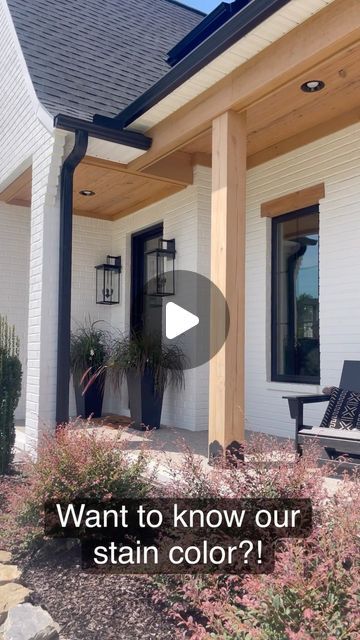 Tiffany Hager | Myrusticmodernhome on Instagram: "Stain color yall!! our local Farrell Calhoun store did this amazing mix for us based off of our wood floors! This stain was used throughout our entire home on all of our wood. Our wood beams inside and out are cypress, pavilion is cypress, tongue and groove patio ceilings are pine, bathroom cabinets knotty alder. #stain #woodstain #woodbeams #diy #diyhomeprojects #woodworking #modernfarmhouse #modernfarmhousestyle #exterior #exteriors #exteriorsofinsta #exteriorsofinstagram  Top of can code: B-5  C-9  F-2  1LX-Y" Stained Pine Tongue And Groove Ceiling, Wood Stain Colors On Pine Ceiling, Stain Colors For Cypress Wood, Tongue And Groove Ceiling Stain Colors, Knotty Alder Stain Colors, Patio Ceilings, Alder Stain Colors, Staining Pine Wood, Knotty Alder Stain