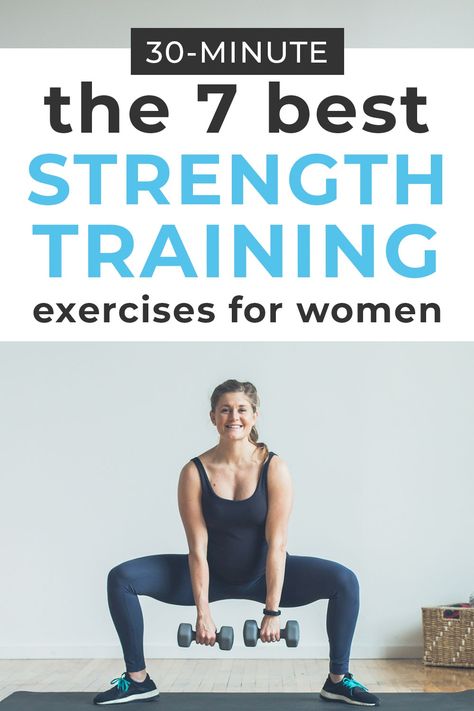 Get all the benefits of strength training at home with these 7 dumbbell exercises! All you need is 30 minutes! We'll hit the legs, glutes, arms, back and core using compound exercises that efficiently burn calories and boost your metabolism! How To Weight Train At Home, Best Weight Exercises For Women, 30 Minute Body Weight Workout, Slow Burn Workout Exercise, Dumbbell Exercises For Women At Home, Circuit Weight Training, Easy Weight Training For Women, 20 Minute Workout At Home With Weights, Dumbbell Workout For Seniors