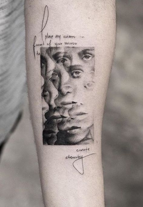 "Place my mirror in front of your mirror" mirrored reflections tattoo on the arm | www.otziapp.com Mirrored Tattoo Ideas, Trippy Face Tattoo, Poetic Tattoos, Faces Tattoo, Tattoo Meaningful, Tattoo Tiny, Shape Tattoo, Meaningful Tattoo, 4 Tattoo