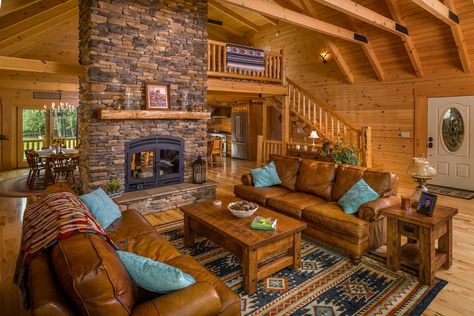 Great room with double sided fireplace Log Home Living Room Ideas, Double Sided Fireplace Living Room, Log Home Living Room, Log Cabin Living Room, Log Home Flooring, Cabin Interior Design, Cabin Floor, Log Home Interiors, Cabin Living Room