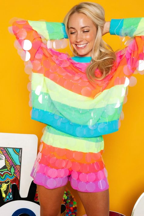 Neon Stripe Clear Sequin Short – Queen of Sparkles Neon Party Outfits, Queen Of Sparkles, Colorful Outfit, Sequin Short, Neon Dresses, Neon Outfits, Neon Stripes, Neon Fashion, Cruise Outfits