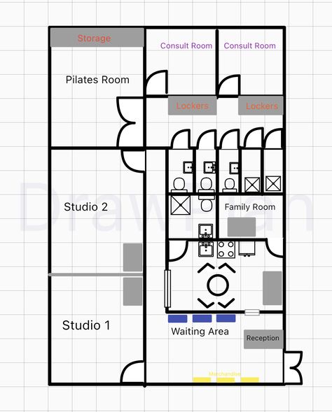 Dance Studio Waiting Room, Small Dance Studio Design Interiors, Dance Studio Lobby Waiting Rooms, Dance Studio Layout Plan, Dance Studios Design Interiors, Dance Program Ad Ideas, Dance Studio Architecture, Dance Studio Plan Architecture, Centro Yoga