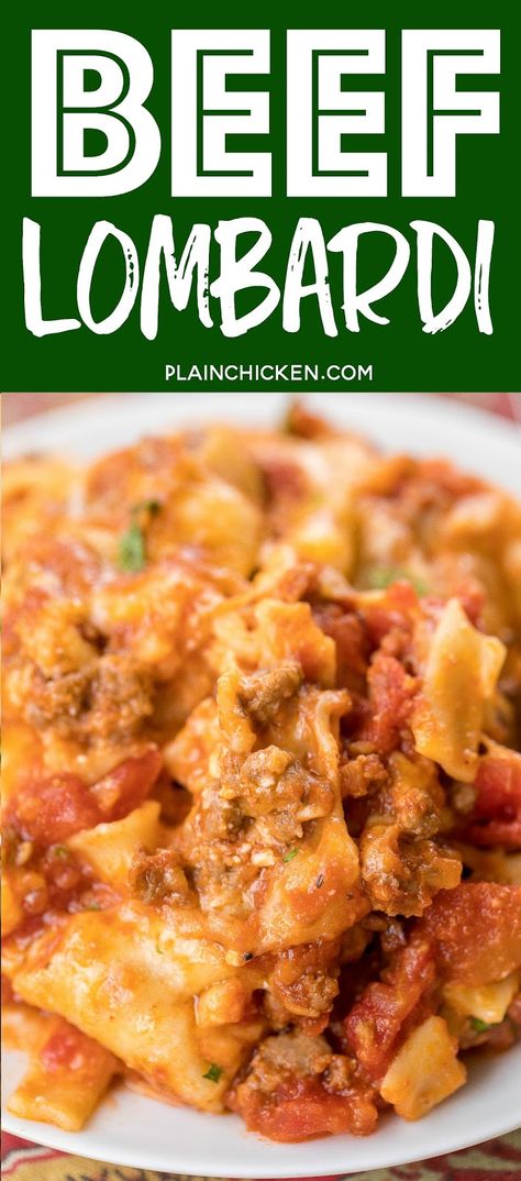 Lombardi Casserole, Beef Lombardi, Supper Casseroles, Gf Noodles, Recipes With Diced Tomatoes, Beef Ideas, Yummy Pasta, Printable Recipes, Tot Casserole