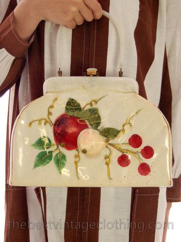 Fun Vintage Handbag Purse Velvet Apples Cherries Fruit White Lucite Frame 1950s Fruit Clothing, Kelly Bags, Vintage Leather Handbag, Candies Shoes, Velvet Purse, Cherry Fruit, Vintage Fruit, Vintage Handbag, Kelly Bag