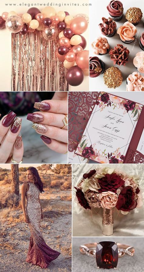 rose gold,blush, burgundy and wine red fall wedding colors Rose Gold Wedding Ideas, Wedding Rose Gold Theme, Gold And Burgundy Wedding, Gold Wedding Ideas, Rose Gold Theme, Rustic Wedding Decorations, Gold Wedding Theme, Wedding Theme Colors, Fall Wedding Colors