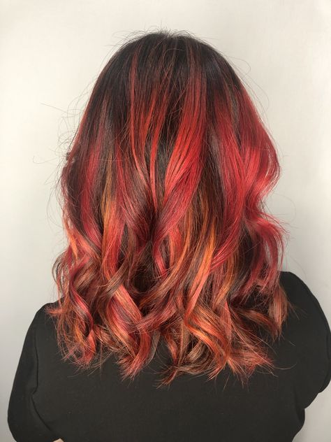 Orange And Red Highlights In Brown Hair, Red Orange Highlights On Dark Hair, Light Brown Hair With Red Streaks, Red Orange Highlights In Brown Hair, Orange And Red Highlights, Dark Orange Hair, Red Highlights In Brown Hair, Red Hair Color Shades, Phoenix Hair