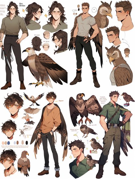 hawk based oc, male, attractive, brunette, reference sheet Oc Concept Art Male, Hawk Reference Drawing, Reference Sheet Base Human, Attractive Male Character Design, Oc Reference Sheet Character Design Base, Human Oc Reference Sheet, Bird Oc Male, Archer Oc Male, Hawk Character Design