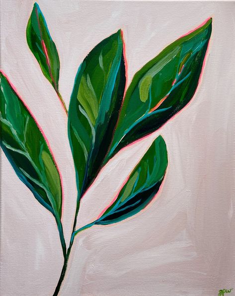 Leaves No. 1 is an original acrylic painting featuring deep blues and pinks mixed with luscious greens. Its large leaves provide a celebratory and vibrant atmosphere that can instantly make any space feel cozy and inviting. Hang it in any room of your home to immediately add a touch of artistry to any décor. 16" x 20" vertical acrylic painting on gallery wrapped canvas Acrylic Leaves Painting, How To Paint Leaves, Leaves Painting Acrylic Leaf Art, Painting Leaves Acrylic, Abstract Leaves Painting, Leave Painting, Paintings Of Plants, Leaf Painting Acrylic, Leaves Texture