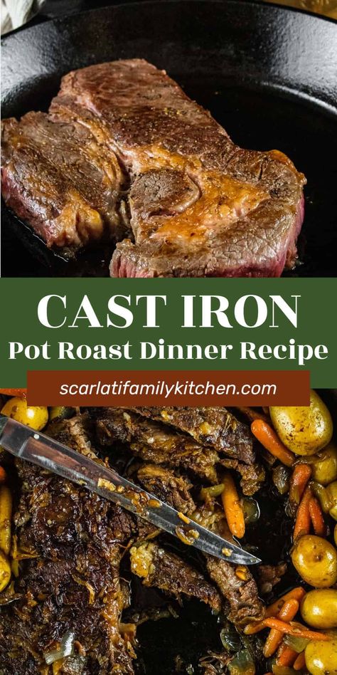 This simple roast dinner in a cast iron skillet is the best Sunday dinner. Juicy chuck roast is cooked low and slow with potatoes, carrots, and onions for an easy one-pot meal the whole family will enjoy. Beef Roast In Cast Iron Skillet, Pot Roast In The Oven Cast Iron Skillet, Pot Roast Cast Iron Skillet, Pot Roast In Cast Iron Skillet, Chuck Roast Recipes Oven Cast Iron, Cast Iron Chuck Roast, Cast Iron Roast Beef, Chuck Roast In Cast Iron Skillet, Cast Iron Pot Roast