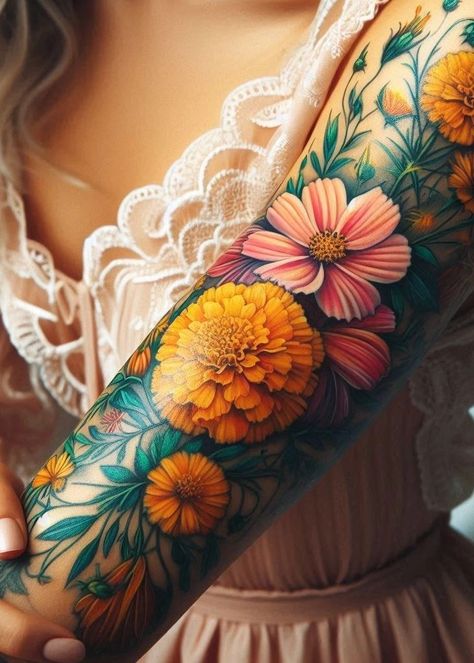 Birth Flower Tattoo Bliss: Stunning Designs | Pocoko Mixed Flower Tattoo, Black And Gold Tattoo, Marigold And Cosmos Flower Tattoo, Dahlia Tattoos, Cosmos Birth Flower, Cutesy Tattoos, Marigold And Cosmos, Marigold Flower Tattoo, Bee And Flower Tattoo