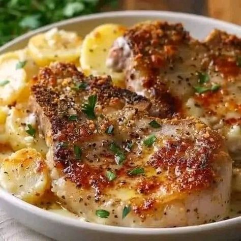 Garlic Parmesan Pork Chops, Trotters Recipe, Honey Garlic Ribs, Parmesan Mashed Potatoes, Parmesan Pork Chops, Cheesy Scalloped Potatoes, Scalloped Potato, Cheeseburger Pasta, Pork Chops And Potatoes