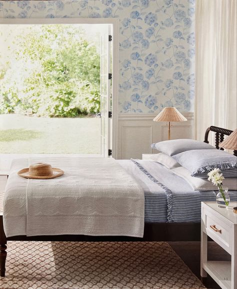 Duvet Inspiration, Hydrangea Wallpaper, Lily Blue, Simple Cottage, Cane Bed, Bedroom Design Inspiration, Linen Sheet Sets, Serena And Lily, Percale Sheets