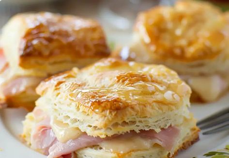 Honey Ham Biscuits Ham Cheese Biscuits, Ham And Cheese Biscuits, Honey Ham Biscuits, Football Foods, Ham Biscuits, Savory Ham, Honey Ham, Flaky Biscuits, Cheese Biscuits