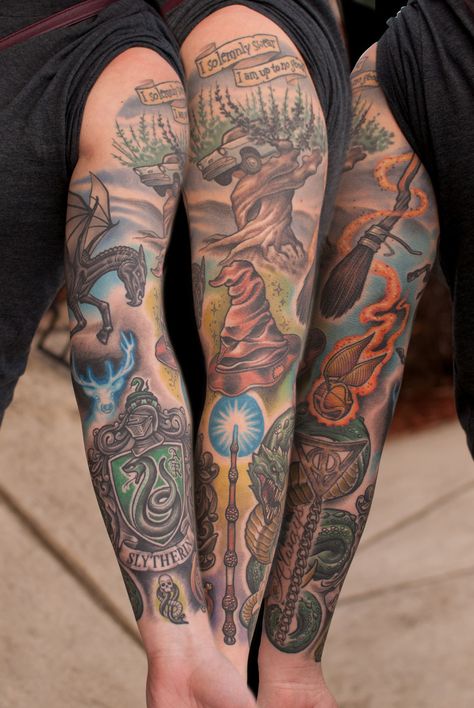 Willow Tattoos, Harry Potter Sleeve, Harry Potter Tattoo Sleeve, Austin Tattoo, Live Tattoo, Hp Tattoo, Potter Tattoo, Epic Tattoo, Harry Potter Tattoo