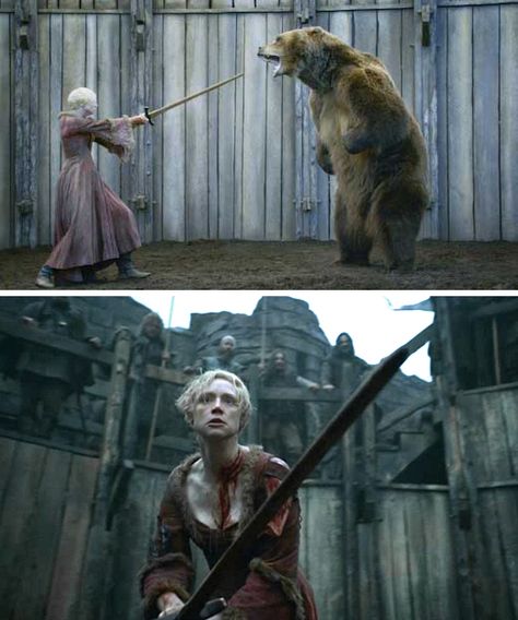 Game of Thrones (series 2011 - ) Starring: Gwendoline Christie as Brienne of Tarth and Bart the Bear. House Tarth, Bart The Bear, Game Of Thrones Brienne, Drogon Game Of Thrones, 2015 Halloween Costumes, Jaime And Brienne, Lovely Person, Game Of Thrones Series, Brienne Of Tarth