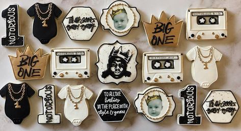 Notorious Big Cookies, Notorious Big One Birthday Cupcakes, 1st Birthday Boy Notorious Big, Notorious Big One Birthday Cookies, Notorious Birthday Party, The Big One Notorious Birthday, Notorious One Cookies, Notorious Big One Birthday Centerpieces, Notorious Big One Birthday Photoshoot