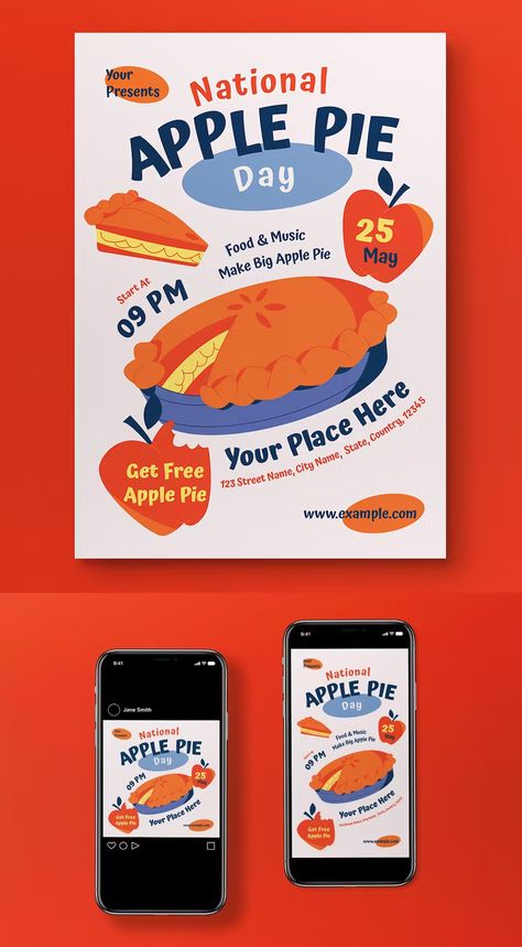 National Apple Pie Day Flyer Template AI, PSD + Instagram Post and Story Design White Doodle, Fundraiser Flyer, Pie Day, Story Design, Graphic Design Packaging, File Organization, Street Names, Big Apple, Editorial Design