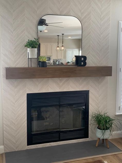 Backsplash On Fireplace, Herringbone Tiled Fireplace, Flat Tile Fireplace, Tile Ideas For Fireplace Surround, Dark Tile Fireplace Surround, Tile Fireplace With Mantle, Fireplace Refacing Ideas, Picket Tile Fireplace, Tile Fireplace Floor To Ceiling