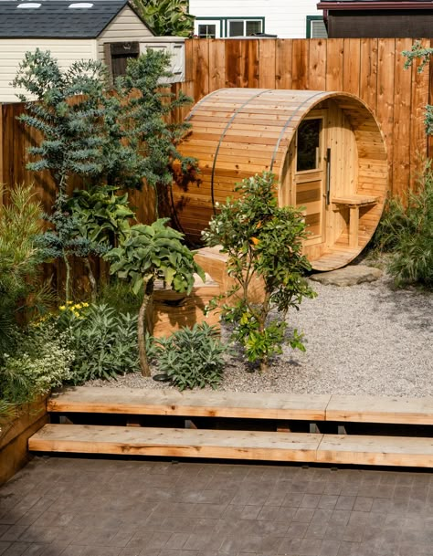 San Francisco Backyard, Backyard Spa, Gravel Landscaping, Barrel Sauna, Sauna Design, Outdoor Sauna, Landscape Designer, Surf Life, Public Garden