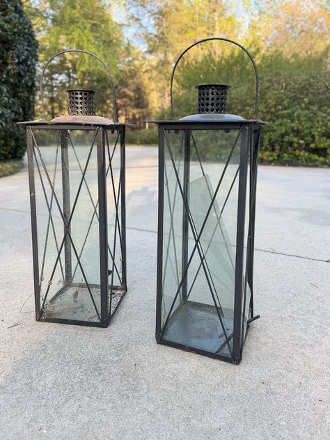 How to Restore a Lantern for Outdoor Use Old Bucket, Thanksgiving Entertaining, Thrift Store Makeover, Large Lanterns, Fall Sewing, Outdoor Lantern, Peeling Paint, Metal Lanterns, Glass Lantern