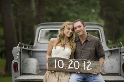 Oh One Fine Day: UNIQUE SAVE THE DATE AND A GIVEAWAY Tailgate Engagement Photos, Country Engagement Pictures, Man Truck, Wedding Invitations With Pictures, Engagement Photos Country, Engagement Pic, Wedding Engagement Pictures, Country Engagement, Couple Picture