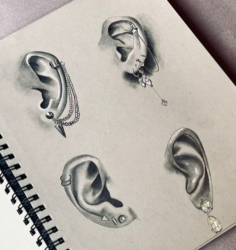 Sketching ears. #anatomy Ear Pencil Sketch, Ear Illustration Art, Ears Sketching, Earrings Drawing Sketch, Ear Piercing Drawing, Ears Anatomy, Ear Drawings, Ear Drawing Reference, Ear Sketch