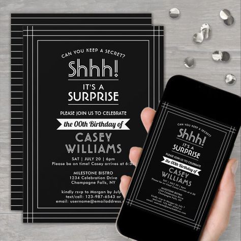 Surprise Birthday Party Elegant Black And White Invitation #zazzle #weddinginvitations #birthdayinvitations #babyshowerinvitations #zazzleinvitations #monogram #businesscards #graduation #homedecor Deco Typography, Birthday Party Elegant, Surprise Birthday Invitations, Retirement Party Gifts, White Invitation, 80th Birthday Invitations, Surprise Birthday Party, Retirement Invitations, Retirement Party Invitations