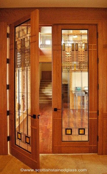 Frank Lloyd Wright Stained Glass, Frank Lloyd Wright Style, Arte Art Deco, Pintu Interior, Glazed Doors, Inside House, Craftsman Bungalow, Stained Glass Door, Glass French Doors